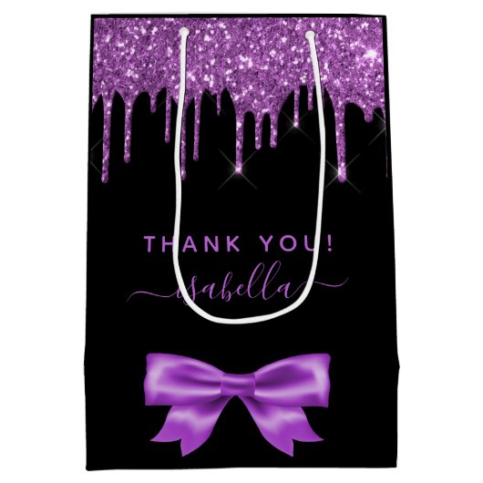 ベビーシャワーブラックパープル感謝していグリッターお気に入り ミディアムペーパーバッグ (裏面)