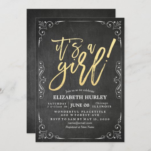 ベビーシャワーブラック&ホワイトフローラフレームシャルボード 招待状 (正面/裏面)