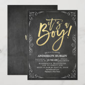 ベビーシャワーブラック&ホワイトフローラフレームシャルボード 招待状 (正面/裏面)