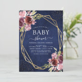 ベビーシャワーブルゴーニュ海軍ブルージオメトリックフローラ 招待状 (スタンド正面)