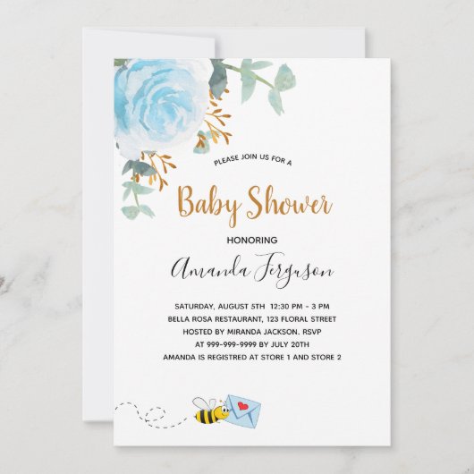 ベビーシャワーブルーのまわりにフローラ緑の少年 招待状 (正面)