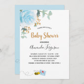 ベビーシャワーブルーのまわりにフローラ緑の少年 招待状 (正面/裏面)