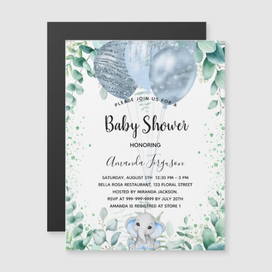 ベビーシャワーブルーエレファントユーカリプタスボーイ マグネット招待状 (正面/裏面)