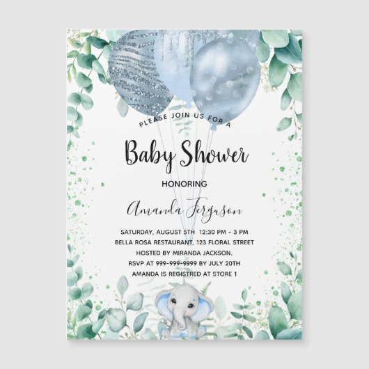 ベビーシャワーブルーエレファントユーカリプタスボーイ マグネット招待状 (正面)