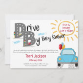 ベビーシャワーブルーカーとバルーンでドライブ 招待状 (正面)