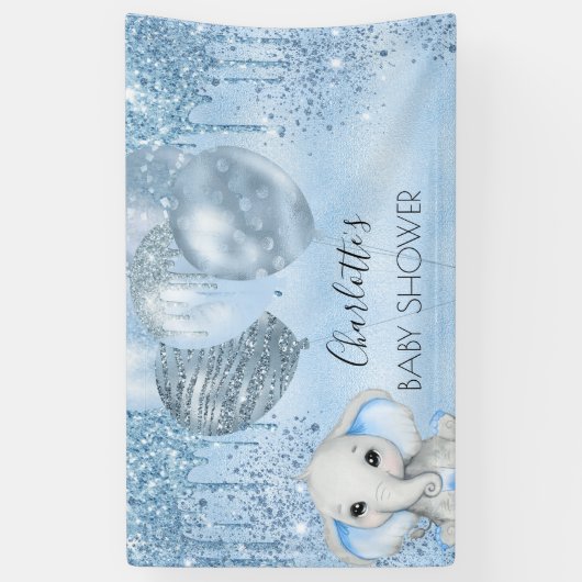 ベビーシャワーブルーグリッターゾウ男の子シルバー 横断幕 (縦)