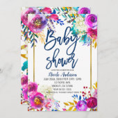 ベビーシャワーブルースクリプトはっきりした水彩フローラ 招待状 (正面/裏面)