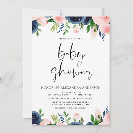 ベビーシャワーブルーピンクフローラ招待状 招待状 (正面)
