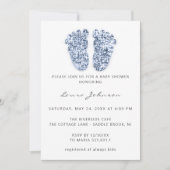 ベビーシャワーブルーボーイ足グリッターフォトホワイト 招待状 (正面)