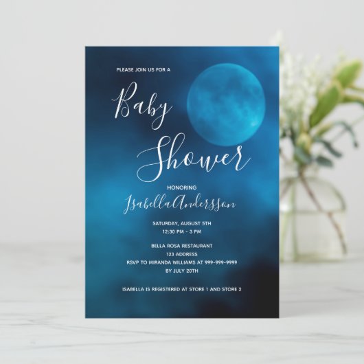 ベビーシャワーブルームーンタイポグラフィ 男女兼用 招待状 (スタンド正面)