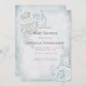 ベビーシャワーブルー淡い色のホワイトローズ 招待状 (正面/裏面)