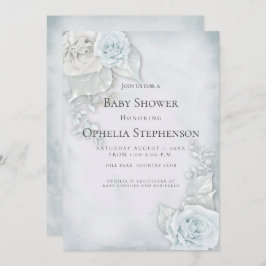 ベビーシャワーブルー淡い色のホワイトローズ 招待状