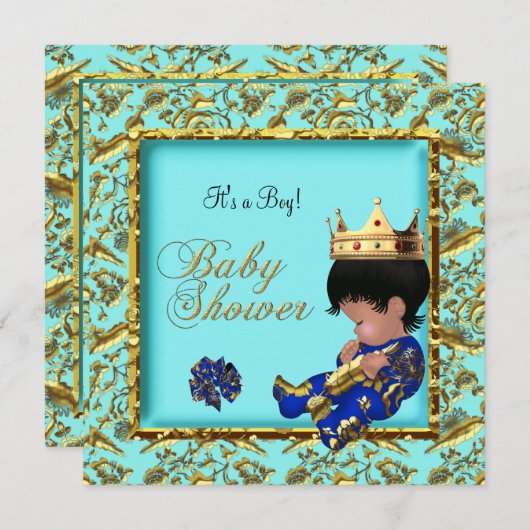 ベビーシャワーブルー金ゴールドボーイクラウンプリンス 招待状 (正面/裏面)