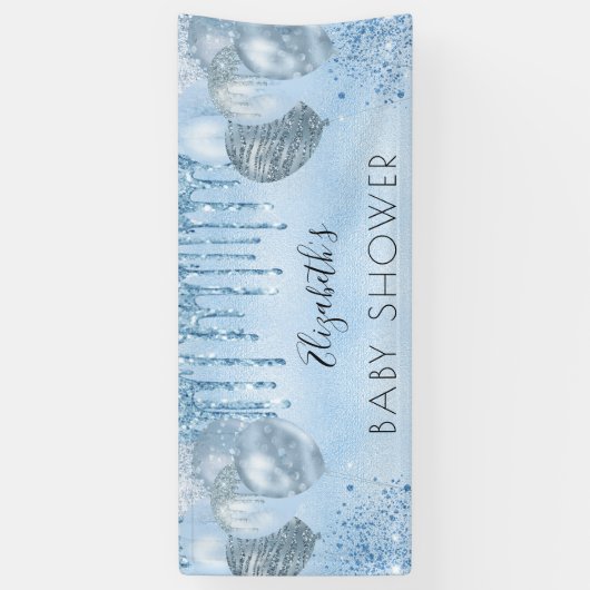 ベビーシャワーブルー銀グリッターバルーン少年 横断幕 (縦)