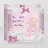 ベビーシャワーブロンドガールピンクベビーティーカップケーキ 招待状 (正面/裏面)