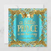 ベビーシャワープリンスオンザウェイ金ゴールドティール(緑がかった色)アクア 招待状 (正面)