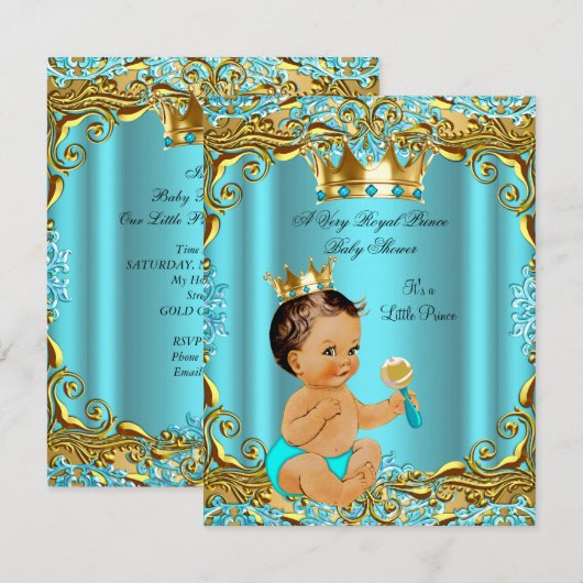 ベビーシャワープリンス金ゴールドティール（緑がかった色）アクアブルネット 招待状 (正面/裏面)