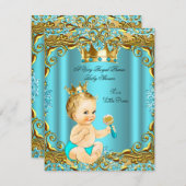 ベビーシャワープリンス金ゴールドティール（緑がかった色）アクアブロンドボーイ 招待状 (正面/裏面)