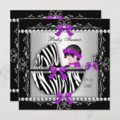 ベビーシャワーベビーかわいいガールゼブラプラムシルバー 招待状 (正面/裏面)