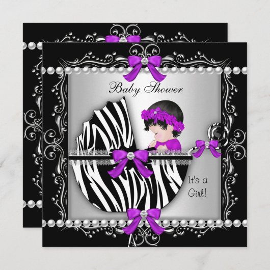 ベビーシャワーベビーかわいいガールゼブラプラムシルバー 招待状 (正面/裏面)