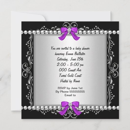 ベビーシャワーベビーかわいいガールゼブラプラムシルバー 招待状 (裏面)