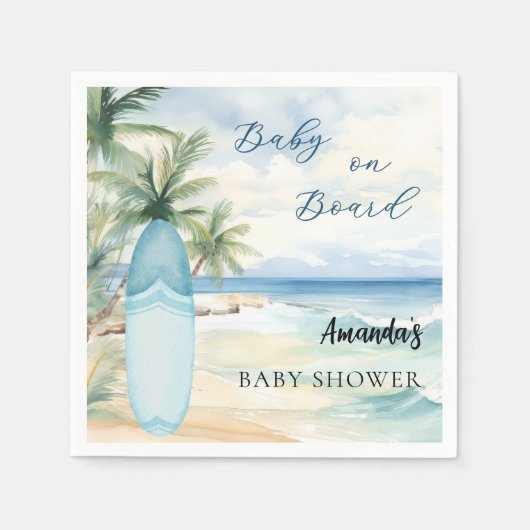 ベビーシャワーベビーオンボードサーフボード スタンダードカクテルナプキン (正面)