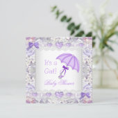 ベビーシャワーベビーガールラベンダーフローラ傘 招待状 (スタンド正面)
