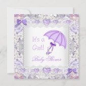 ベビーシャワーベビーガールラベンダーフローラ傘 招待状 (正面)