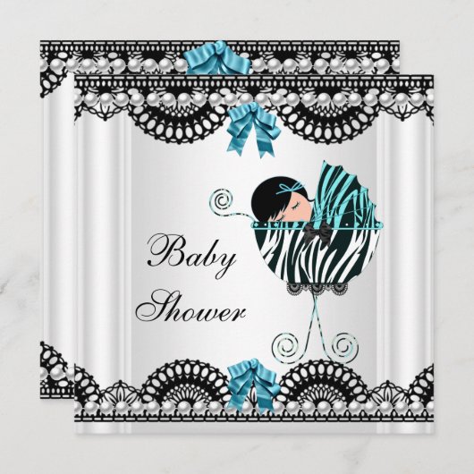 ベビーシャワーベビーゼブラボーイ白黒ブルー 招待状 (正面/裏面)