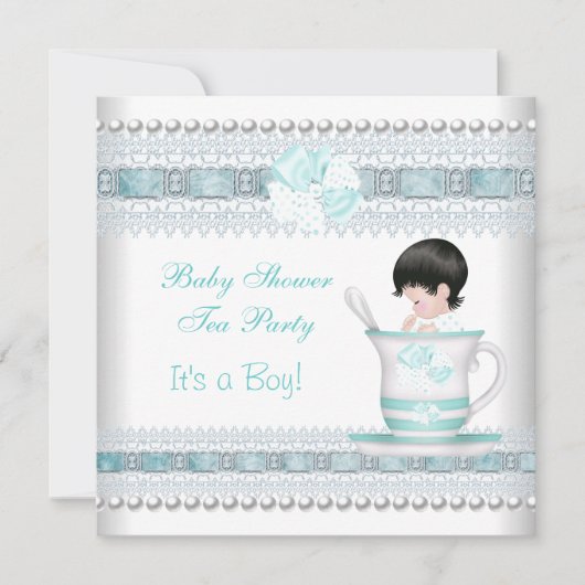 ベビーシャワーベビーブルーティーカップティーパーティー 招待状 (正面)