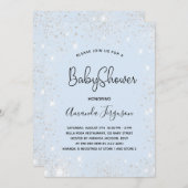 ベビーシャワーベビーブルーボーイシルバーグリッター 招待状 (正面/裏面)