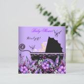 ベビーシャワーベビーブロンドガールパープルバタフライ 招待状 (スタンド正面)