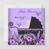 ベビーシャワーベビーブロンドガールパープルバタフライ 招待状 (正面)