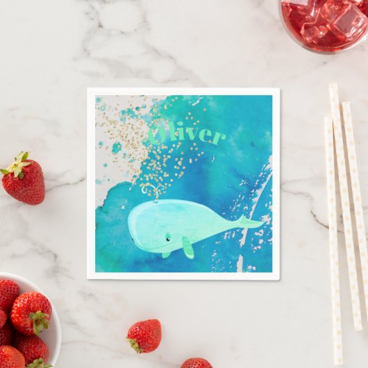 ベビーシャワーホエールスパークルブルー航海のパーソナル スタンダードカクテルナプキン (インサイチュ)