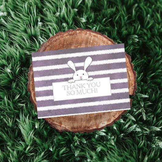 ベビーシャワーホワイトバニーパープルストライプ サンキューカード