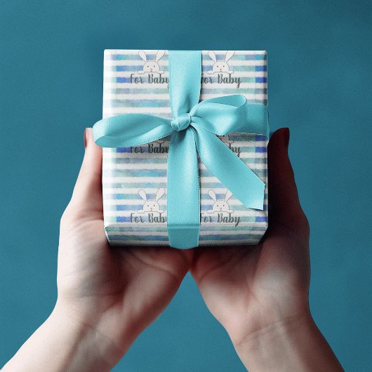 ベビーシャワーホワイトバニーラビットブルーストライプ ラッピングペーパー