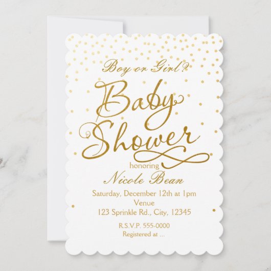 ベビーシャワーホワイト&金ゴールド紙吹雪ドット招待状 招待状 (正面)