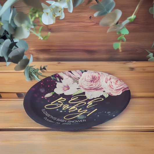 ベビーシャワーボホフローラフェザーパープル《写真》ぼけ味ライト ペーパープレート