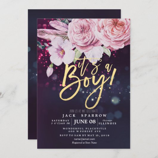 ベビーシャワーボホフローラフェザーパープル《写真》ぼけ味ライト 招待状 (正面/裏面)