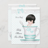 ベビーシャワーボーイティール(緑がかった色)ベビーティーカップ 招待状 (正面/裏面)