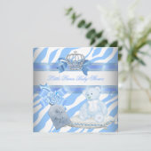 ベビーシャワーボーイブルーゼブラプリンスクラウンテディベア 招待状 (スタンド正面)