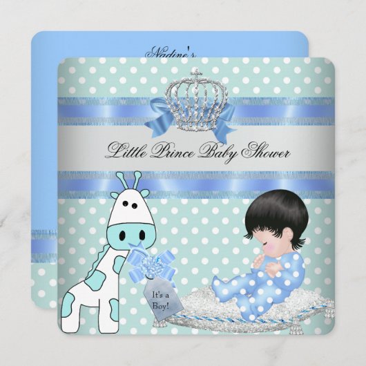 ベビーシャワーボーイブルーティール(緑がかった色)クラウンキリン 招待状 (正面/裏面)