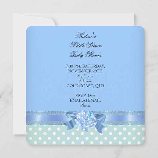 ベビーシャワーボーイブルーティール(緑がかった色)クラウンキリン 招待状 (裏面)