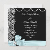 ベビーシャワーボーイブルーティール（緑がかった色）白黒レース 招待状 (裏面)