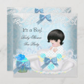 ベビーシャワーボーイブルーベビーティーカップケーキ 招待状 (正面/裏面)