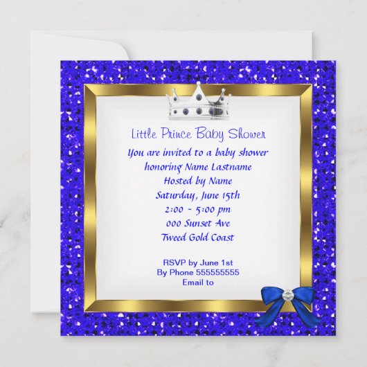 ベビーシャワーボーイプリンス王室のブルーシューズ 招待状 (裏面)