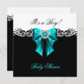 ベビーシャワーボーイベビーティール(緑がかった色)ブルー白黒 招待状 (正面/裏面)