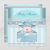 ベビーシャワーボーイベビーブルーティール（緑がかった色）傘ストライプ傘 招待状 (正面/裏面)