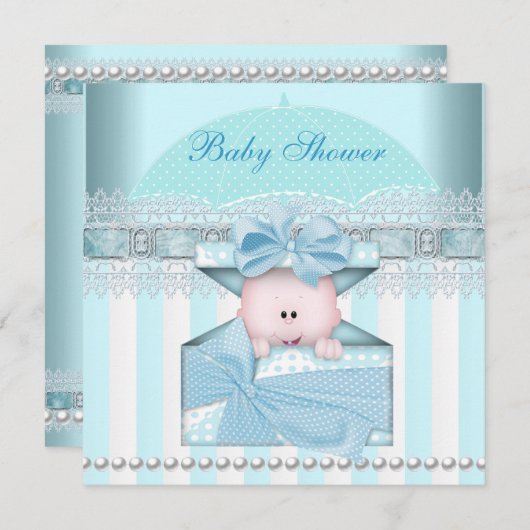 ベビーシャワーボーイベビーブルーティール（緑がかった色）傘ストライプ傘 招待状 (正面/裏面)