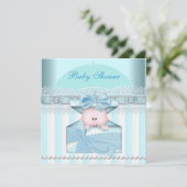 ベビーシャワーボーイベビーブルーティール（緑がかった色）傘ストライプ傘 招待状 (スタンド正面)